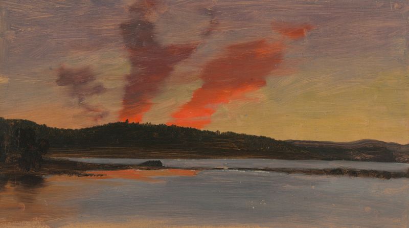 Sunset Near Bar Harbor, Maine de Frederic Edwin Church, óleo que muestra un atardecer sobre el océano.