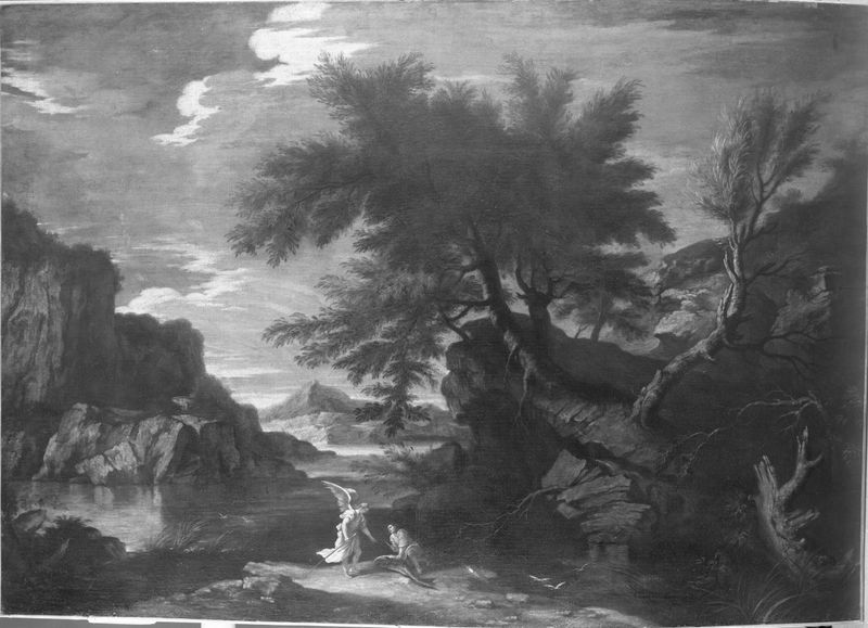 Landscape with Tobias and the Angel, óleo sobre tela de um artista não identificado