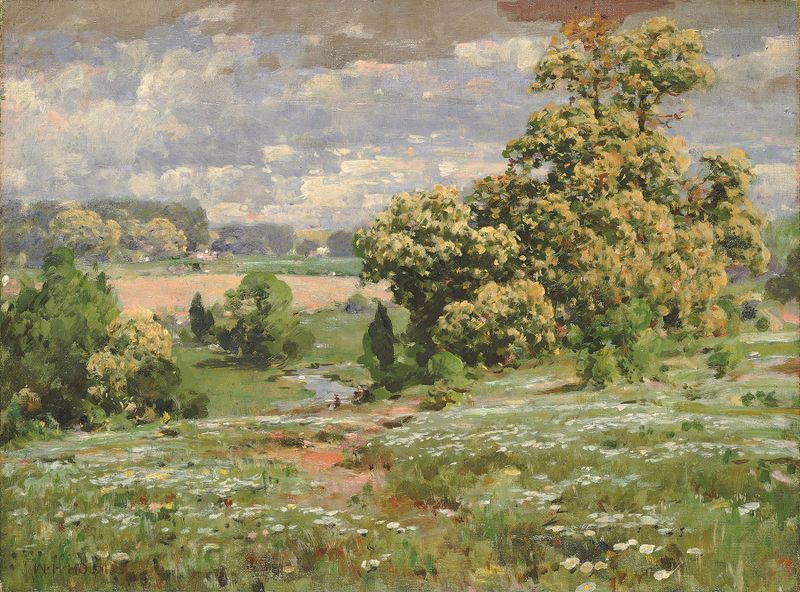 Chestnut Trees In Bloom by William Henry Holmes, impressionism, depicting blooming chestnut trees.