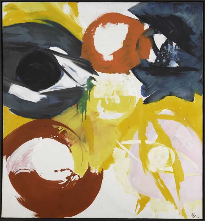 Pintura abstracta al óleo de Ernst Wilhelm Nay, con formas coloridas y dinámicas.