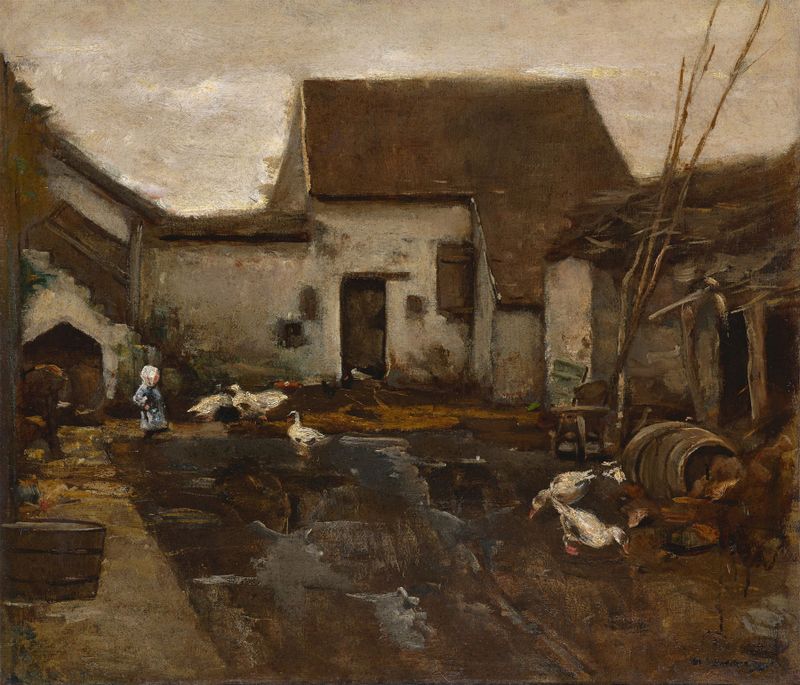 Pintura al óleo de Max Liebermann que representa un paisaje agrícola con luz solar filtrándose entre los árboles