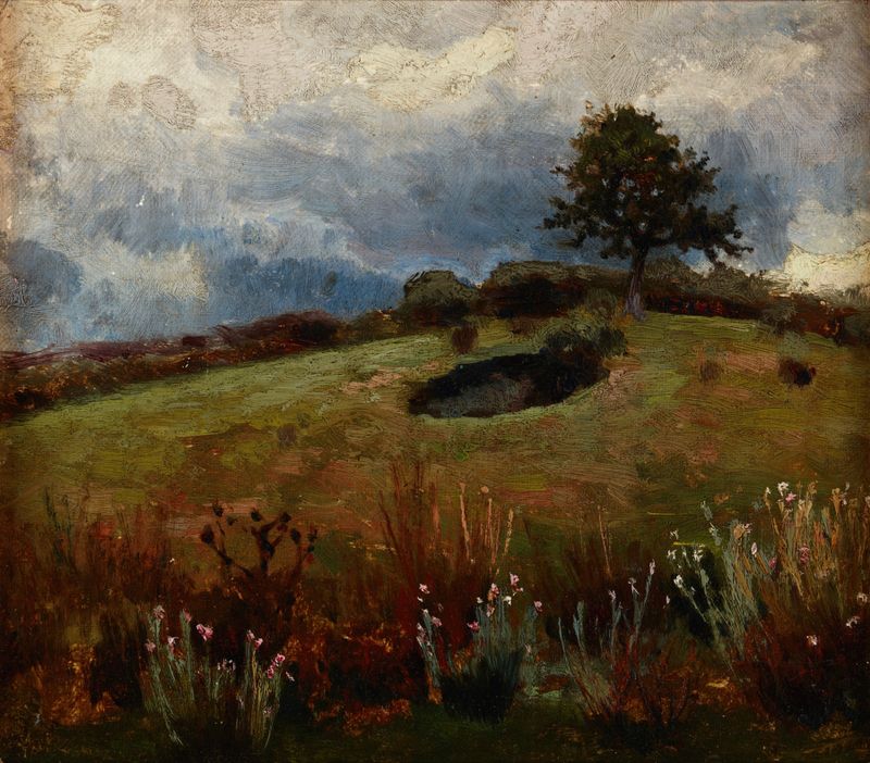 Paisagem de Jan Stanisławski, impressionismo, retratando colinas e um céu lavanda.