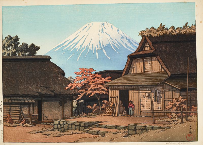 Hirano no aki de Kawase Hasui, ukiyo-e, hojas de otoño y reflejos en el agua