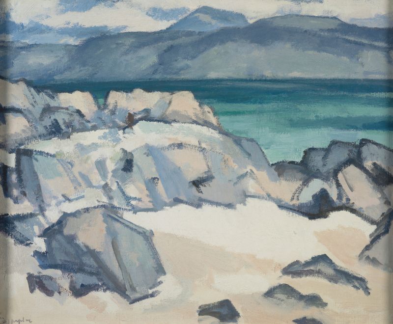 Landscape oil painting by Samuel John Peploe featuring soft hues of blue and green