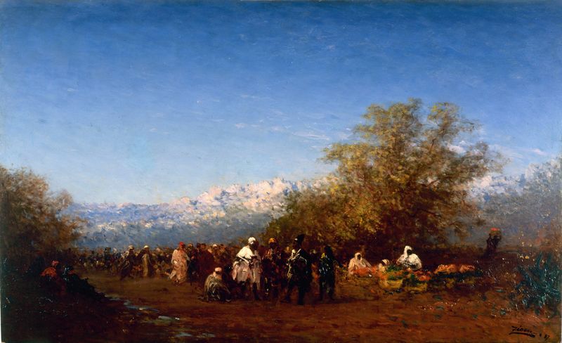 Marché à Fez de Félix Ziem, óleo sobre tela que retrata uma cena de mercado vibrante.