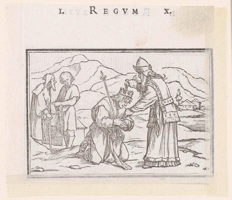 Samuel zalft Saul tot koning de Hans Holbein (II), meio papel, retrata Samuel ungindo Saul.