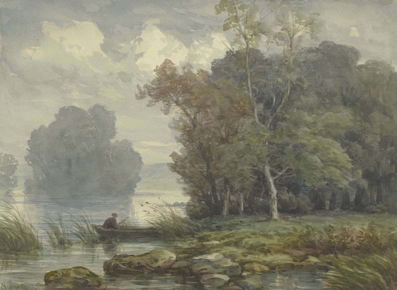 River landscape with a solitary figure in a boat, oil painting by Peter Burnitz