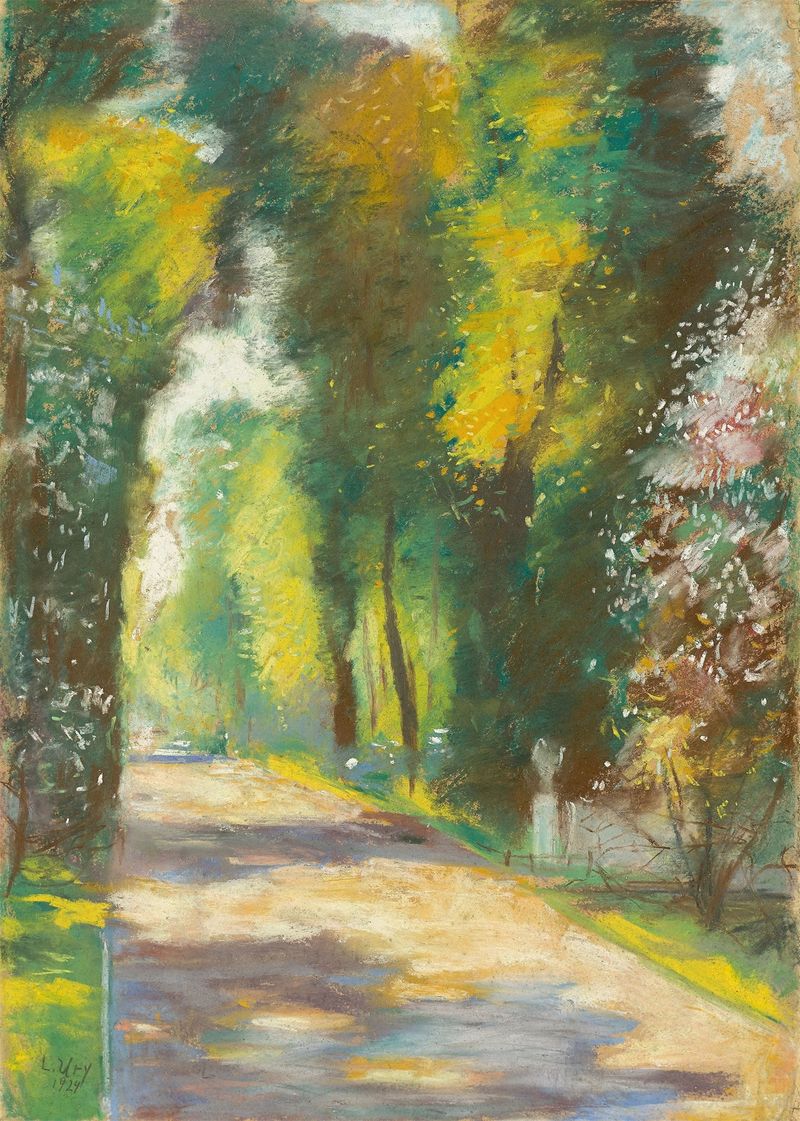 Sonniger Parkweg, pintura a óleo de Lesser Ury, retratando um caminho ensolarado com árvores e vegetação vibrante.