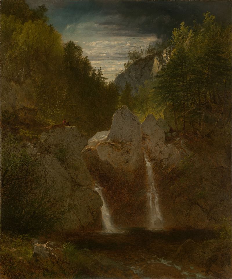 Rocky Pool, Bash-Bish Falls de John Frederick Kensett, pintura a óleo que retrata uma cachoeira e uma piscina serena.