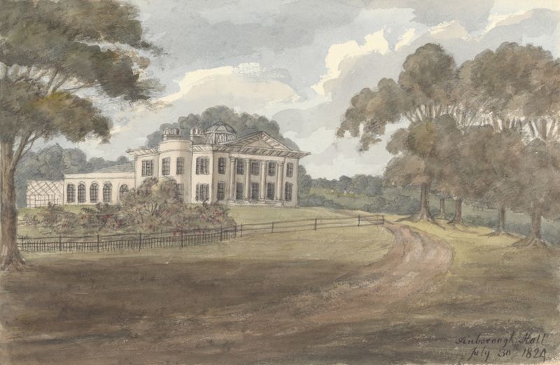 Finborough Hall, 30 de julho de 1824, óleo sobre tela de Anne Rushout, apresentando arquitetura serena e vegetação exubera...