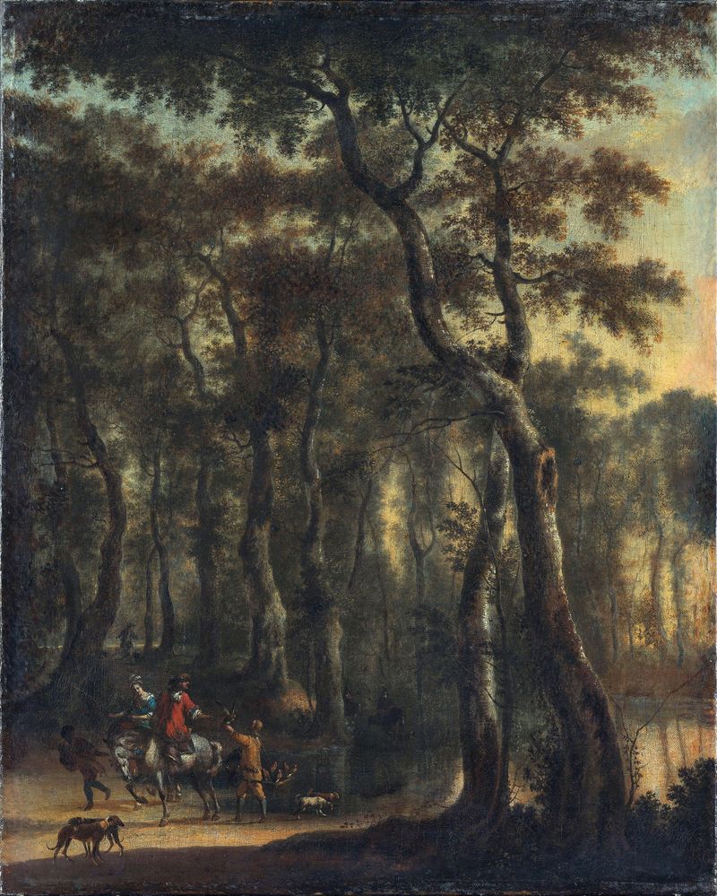 Hunters in the Woods by Jan Hackaert, oil painting depicting hunters in a forest