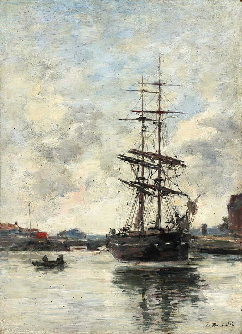 Escena marina con un barco y un río de Eugène Boudin, pintura al óleo