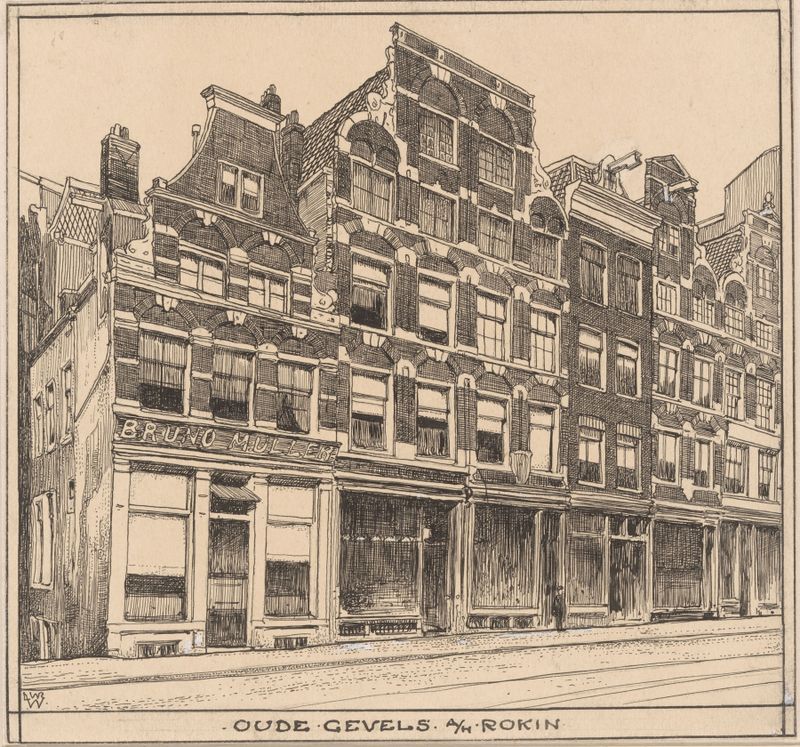 Oude gevels aan het Rokin te Amsterdam de Willem Wenckebach, óleo sobre tela mostrando arquitetura histórica.