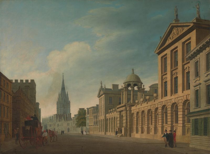 High Street, Oxford by Thomas Malton the Younger, watercolor on paper depicting Victorian shopfronts.