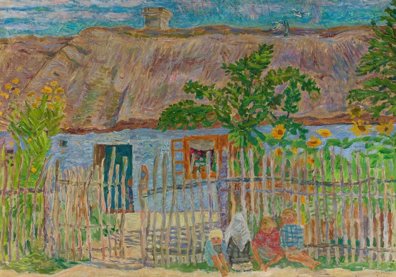 Cottage by Zygmunt Waliszewski, oil on canvas depicting a serene landscape with flowers and trees.