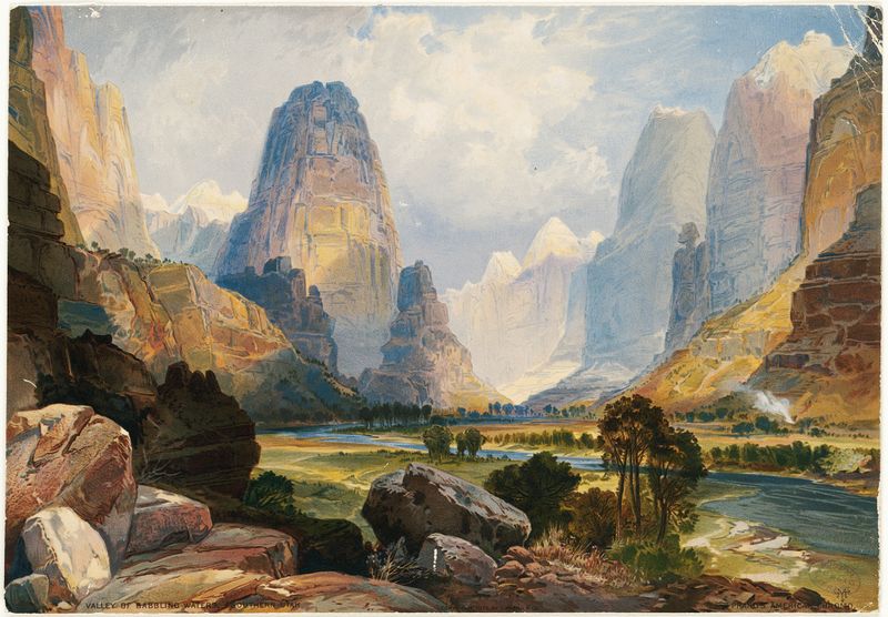 Valley of Babbling Waters, óleo sobre lienzo de Thomas Moran, que representa un río y montañas bajo un cielo cerúleo.
