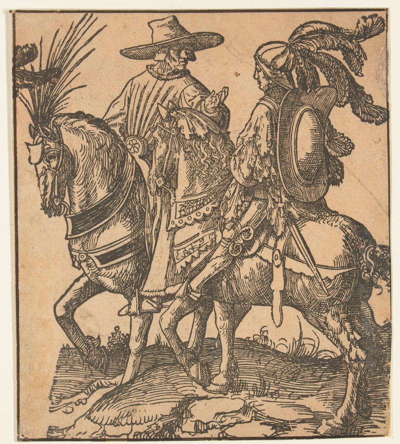Twee ruiters de Jacob Cornelisz van Oostsanen, medio papel, presenta dos jinetes en un paisaje vibrante.