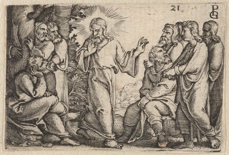Gravura de Georg Pencz mostrando Cristo ensinando seus discípulos com técnica de chiaroscuro