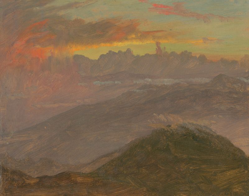 Sunset and Mountains de Frederic Edwin Church, pintura a óleo que retrata um vibrante pôr do sol sobre montanhas.