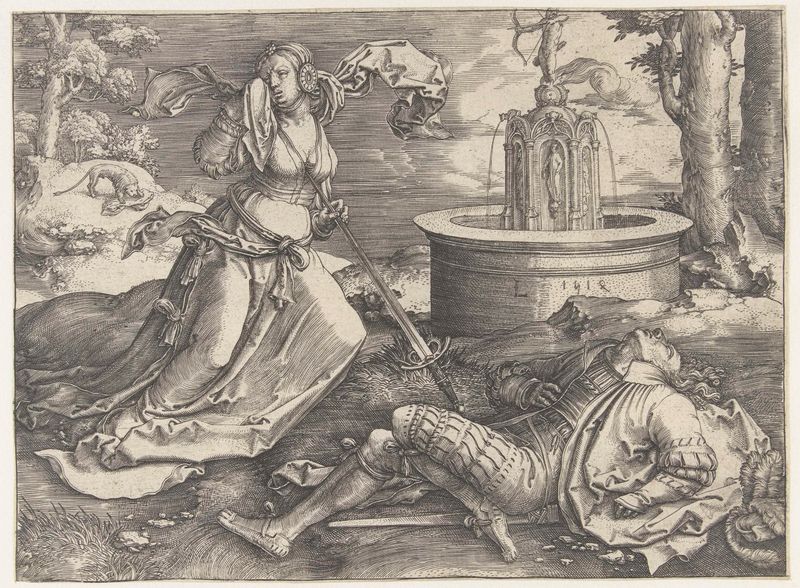 Grabado de Lucas van Leyden que representa a Píramo y Tisbe en un momento de amor y tragedia