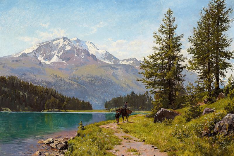 Landscape with a lake and clouds, oil on canvas by August Fischer