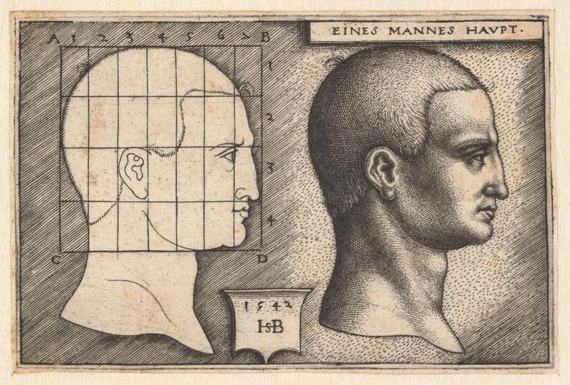 Grabado de Hans Sebald Beham que representa una cabeza con sombreado intrincado.