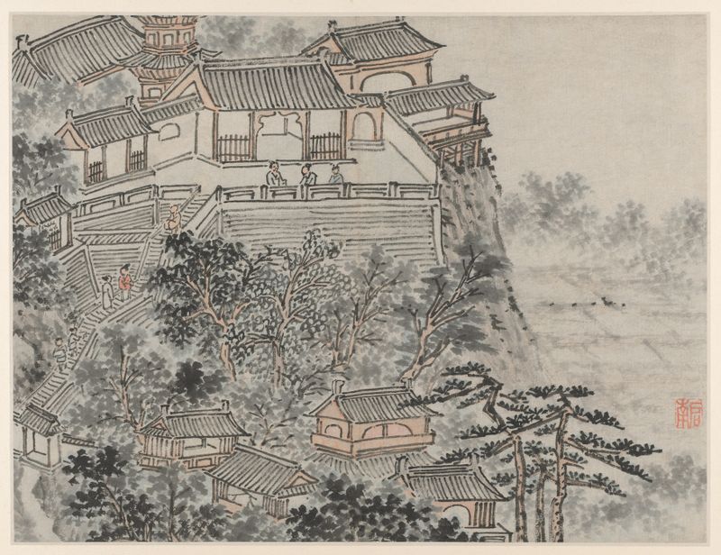 The Five Sages Terrace de Shen Zhou, retratando figuras serenas em uma varanda, meio tradicional chinês.