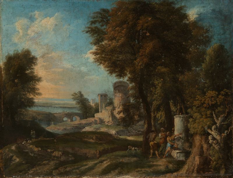 Southern landscape de Andrea Locatelli, pintura a óleo com colinas e flores silvestres.