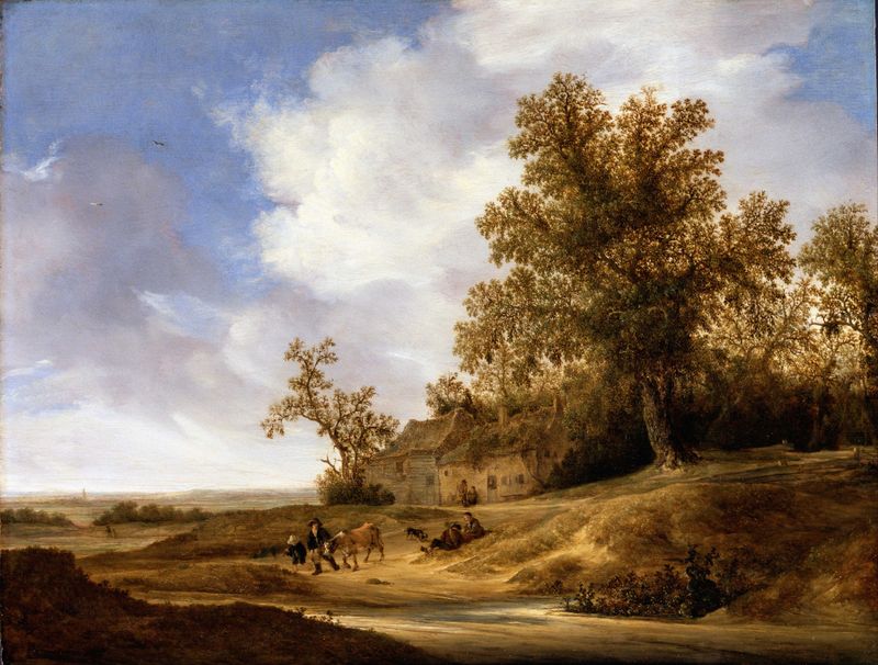 Paisaje con un camino y cabañas de Jakob Van Moscher, medio desconocido