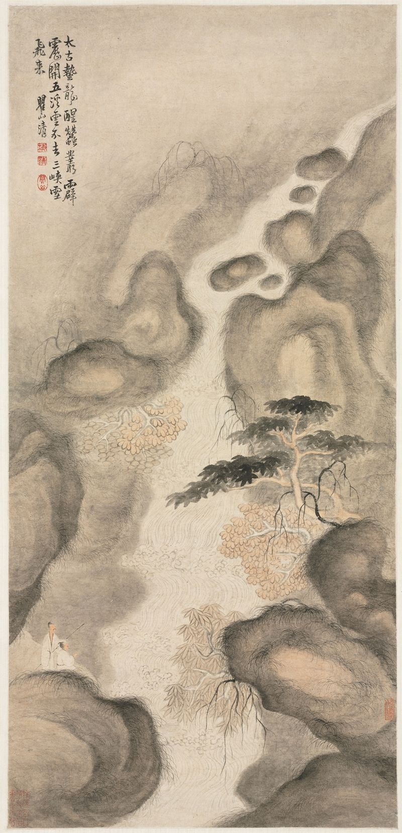 Nine Dragon Pool by Mei Qing, ink on paper depicting dragons amidst clouds and water