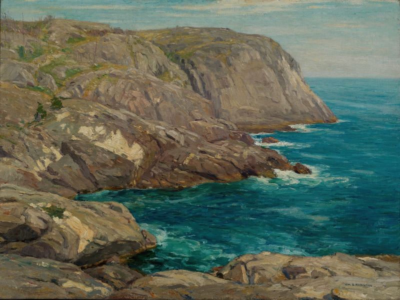 Paisaje costero con olas rompiendo en rocas, pintura al óleo de William S. Robinson