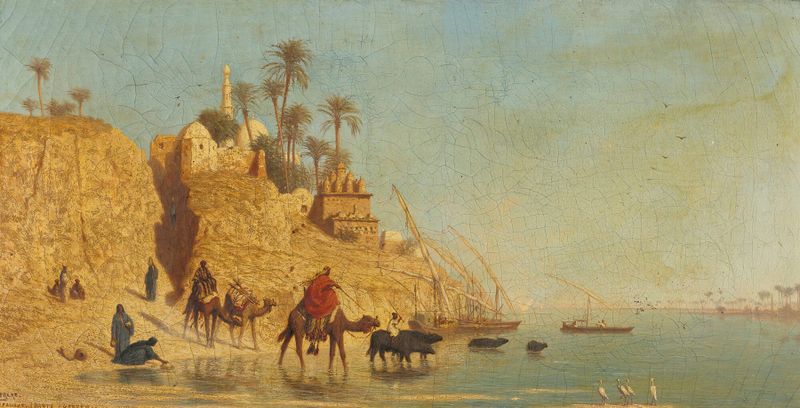 Desert landscape with figures under sunlight, oil painting by Charles Théodore Frère