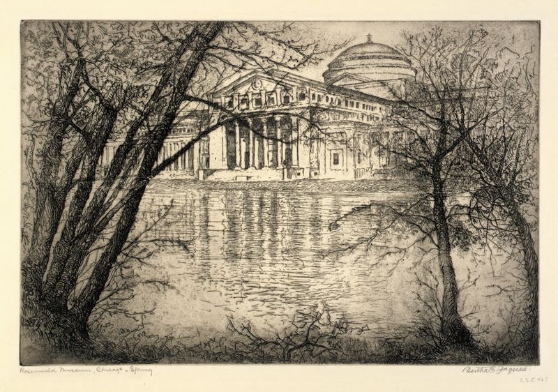Fine Arts Building–Spring de Bertha Jaques, gravura que retrata folhagem vibrante e arquitetura