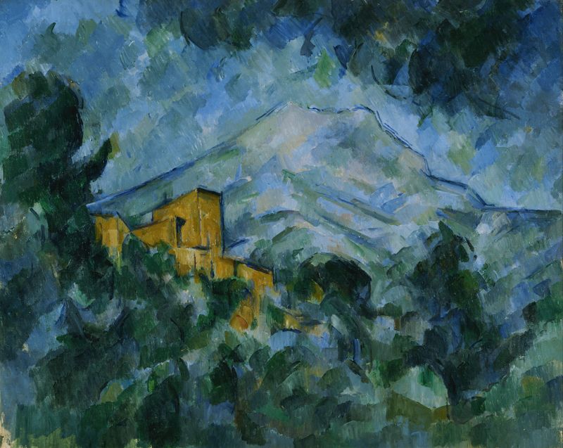 Mont Sainte-Victoire e Château Noir de Paul Cezanne, óleo sobre tela que retrata uma paisagem montanhosa