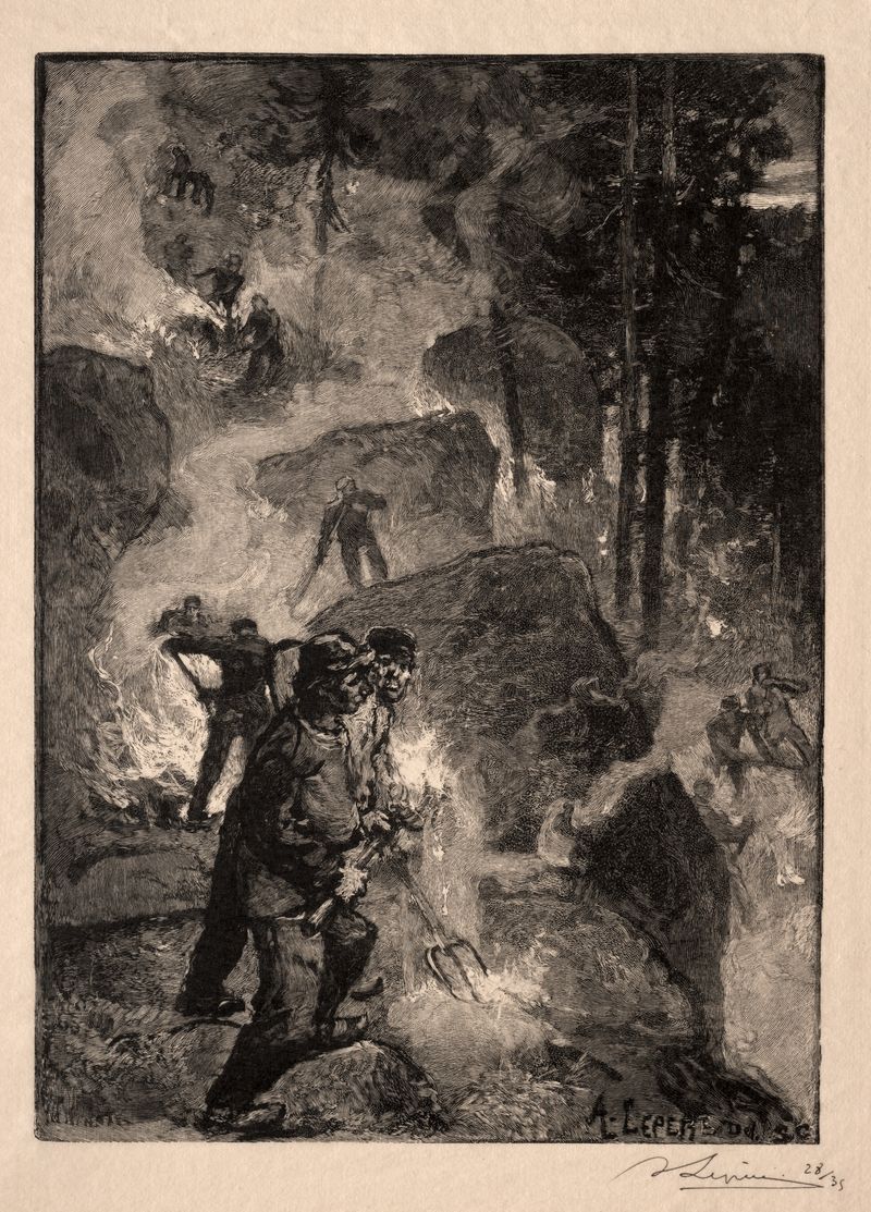 Gravura de Auguste Louis Lepère mostrando figuras na fumaça entre uma floresta