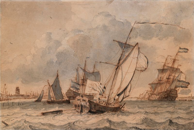 Marine scene with a yacht and shipping, oil painting by Ludolf Backhuysen