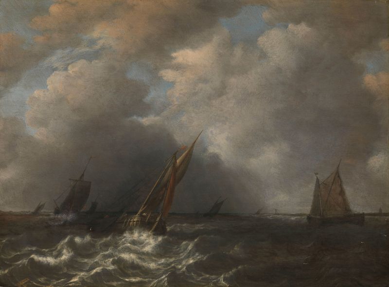 Storm on the Meuse River de Hendrik Martensz. Sorgh, pintura a óleo que retrata um rio turbulento sob céus tempestuosos.