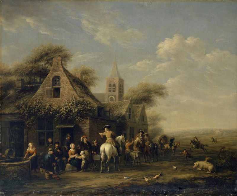 Genre scene depicting figures in front of an inn, oil painting by Barent Gael