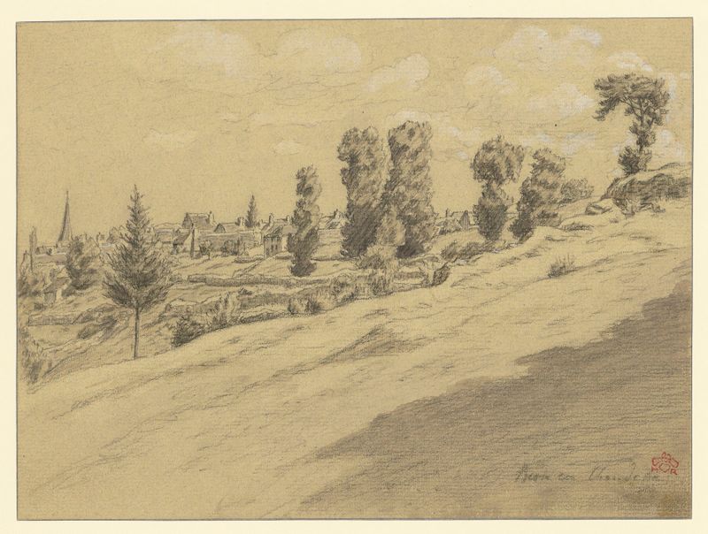 Besse-en-Chandesse litografía de Henri Rivière que representa una escena de pueblo tranquila.