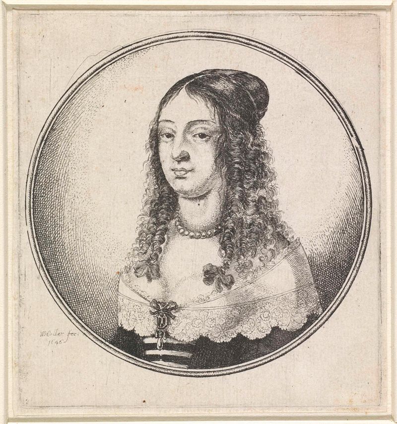 Retrato de una mujer con un vestido de escote bajo y un collar de perlas, grabado de Wenceslaus Hollar