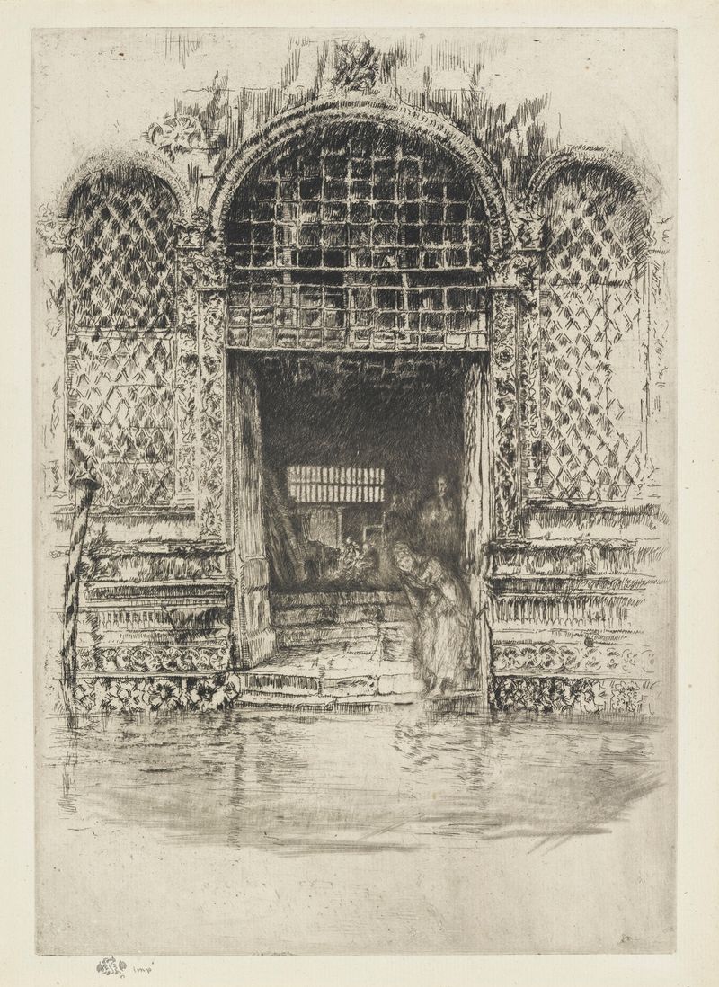 Escena interior con una puerta sombría, pintura al óleo de James Abbott McNeill Whistler