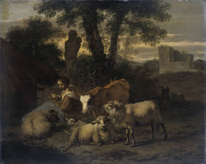 Italian landscape with shepherdess and flocks, oil painting by Simon van der Does