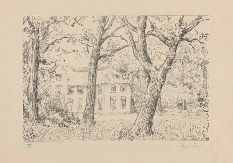 Pintura a óleo de Simon Moulijn retratando a villa Groot Haesebroek cercada por vegetação exuberante.