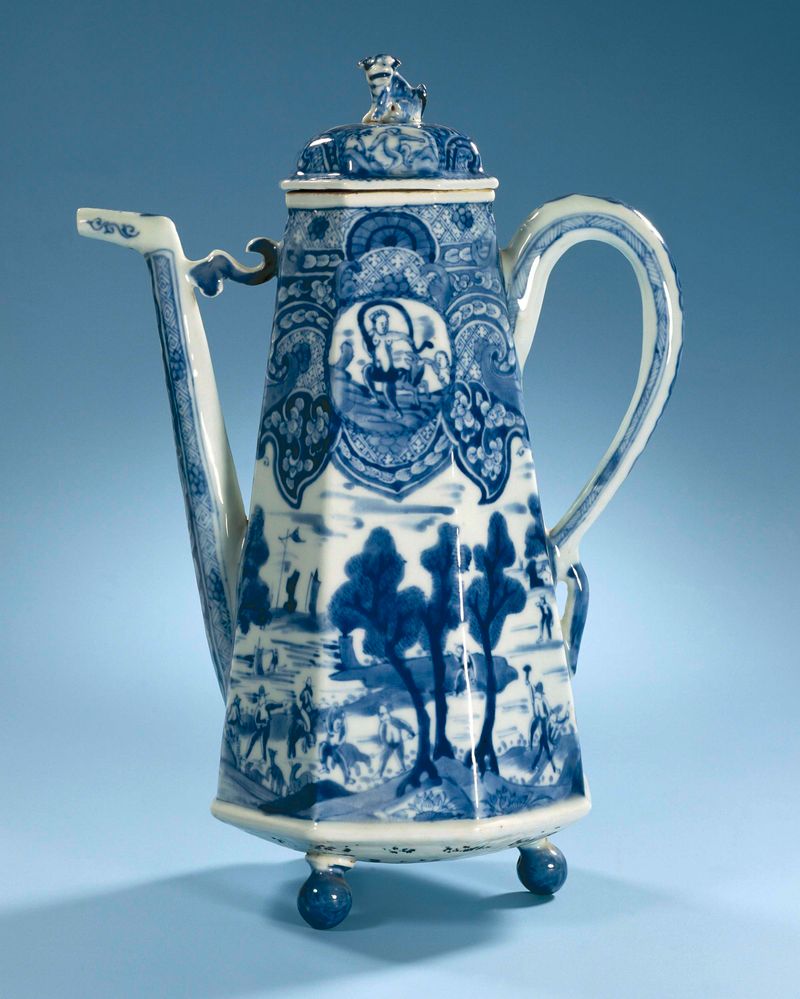 Cafetera octogonal con escenas de caza y mitología, estaño, artista desconocido