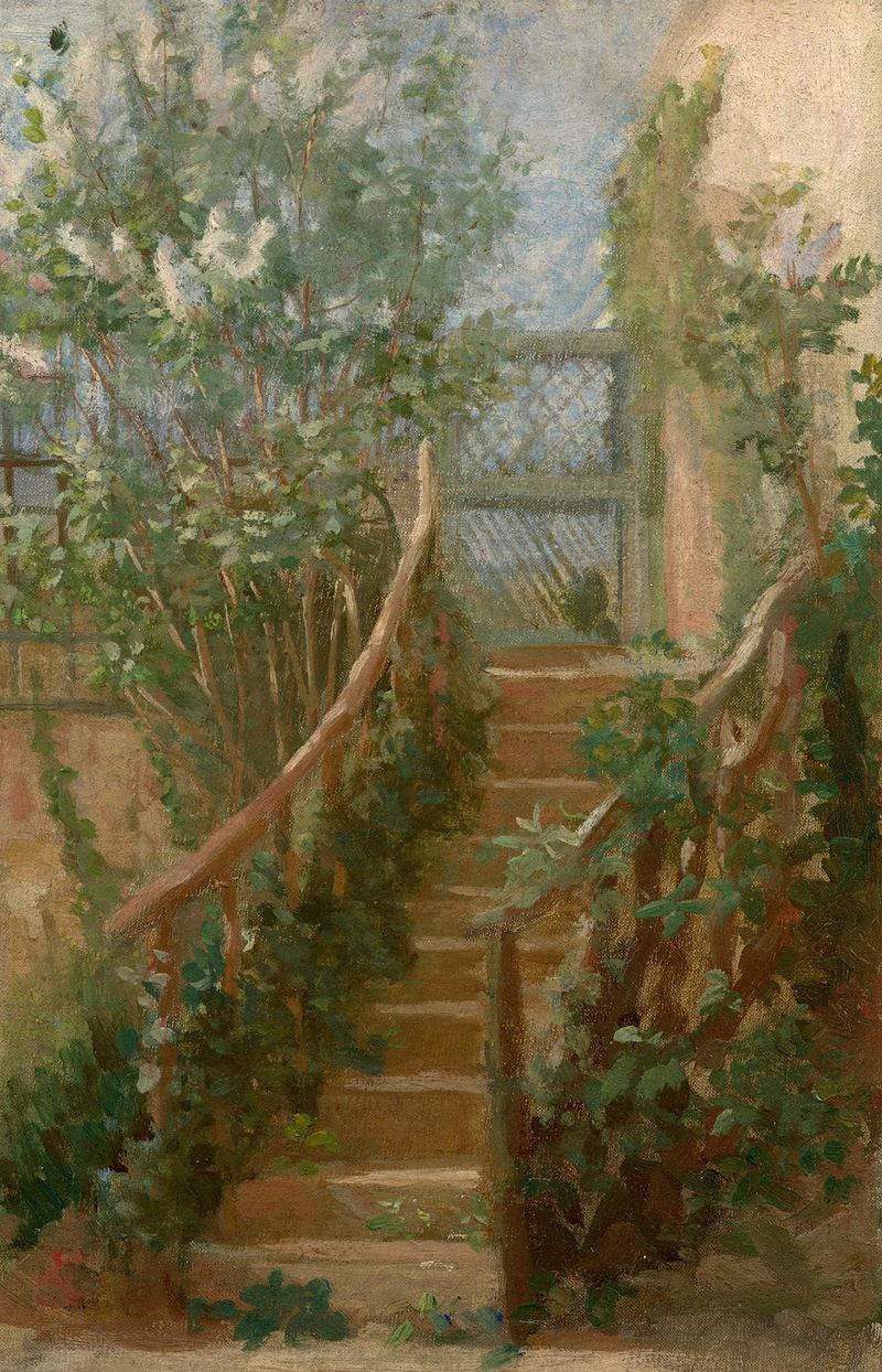 Engraving by Félix Bracquemond depicting ascending stairs and reflections.