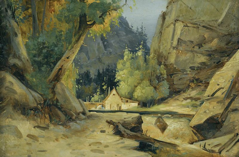 óleo de Mill In A Valley de Carl Blechen mostrando un molino rodeado de colinas y agua