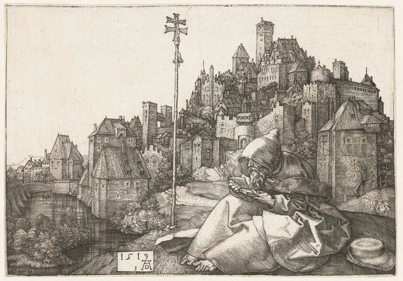 Grabado de Albrecht Dürer que representa a San Antonio en una ciudad, 1519