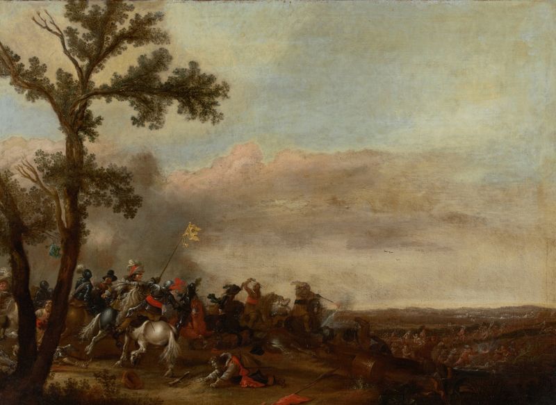 Battle Scene de Jan Asselijn, pintura a óleo que retrata um campo de batalha caótico