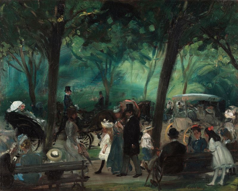The Drive, Central Park by William James Glackens, oil painting depicting figures enjoying a sunny afternoon.