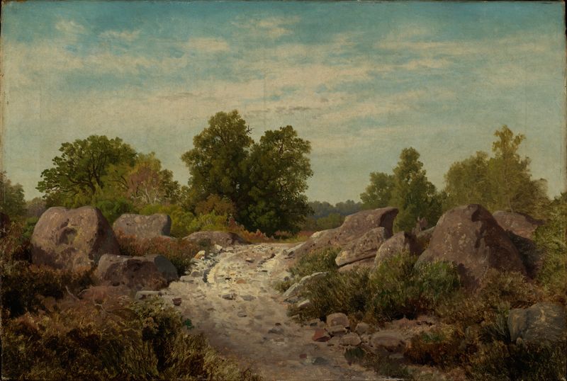 Weg bei Fontainebleau by Georg Eduard Otto Saal, oil on canvas depicting a forest path with dappled light.